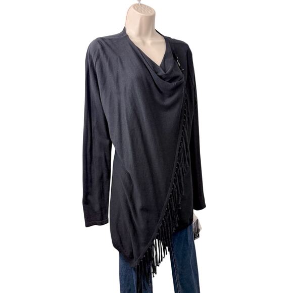 NWT INC Black Fringe Shawl Drape Front Top Long Sleeve Shoulder Buckle - Picture 10 of 16